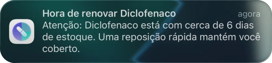 Uma notificação avisando que um medicamento está com estoque baixo e acaba em poucos dias.