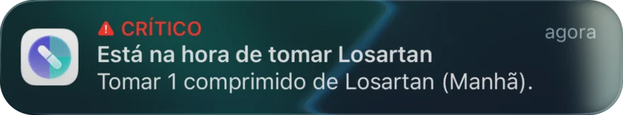 Uma notificação de alerta crítico na Tela Bloqueada, com botões para marcar a dose como tomada ou adiar.