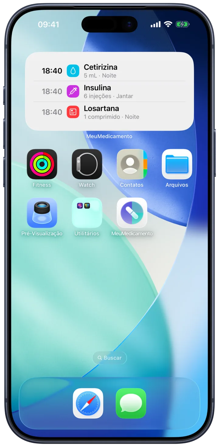 Um widget do MeuMedicamento na Tela de Início do iPhone, mostrando a próxima dose com um botão para registrá-la.